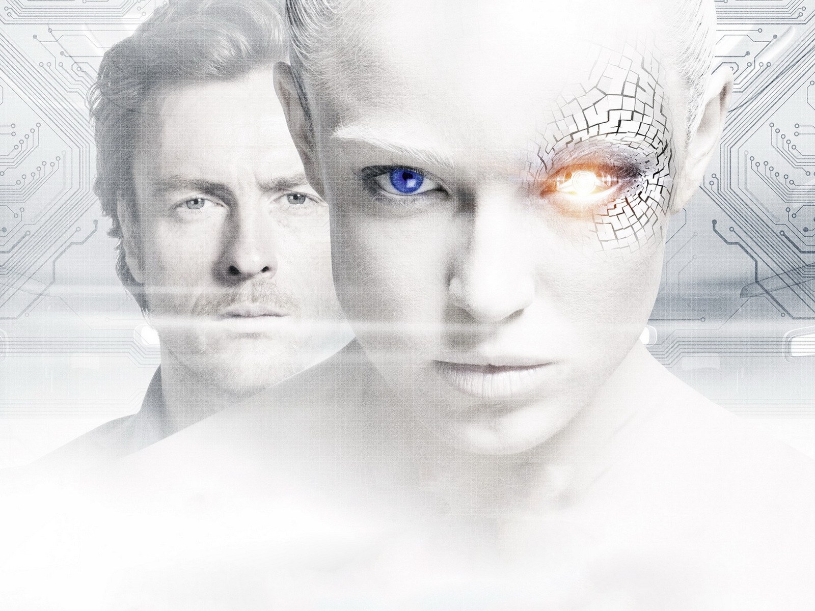 Human and AI face in circuitry