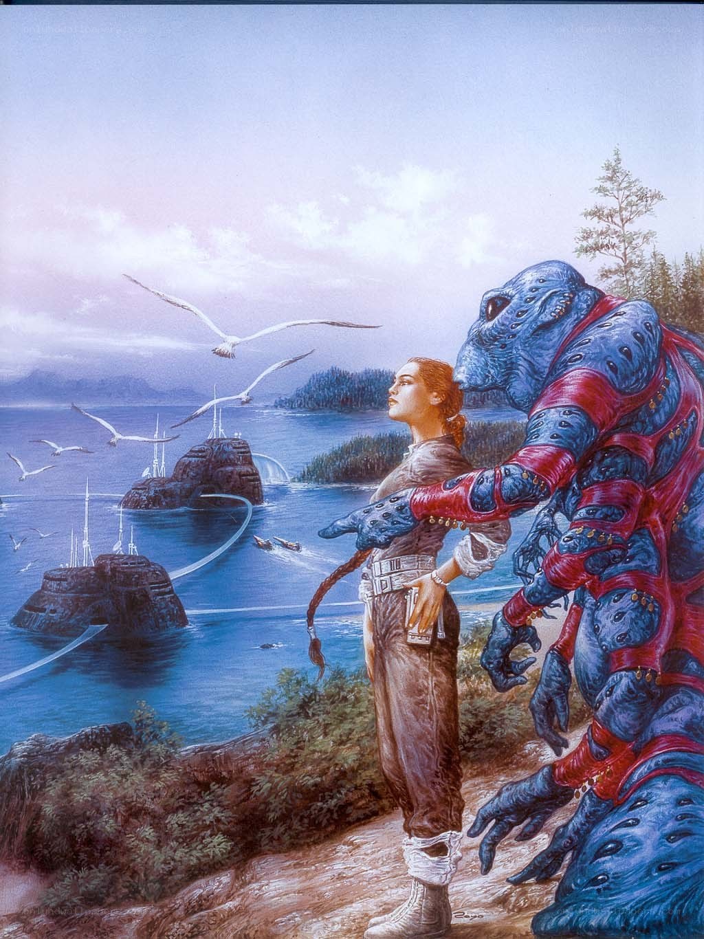 Human and alien on a coastal cliff