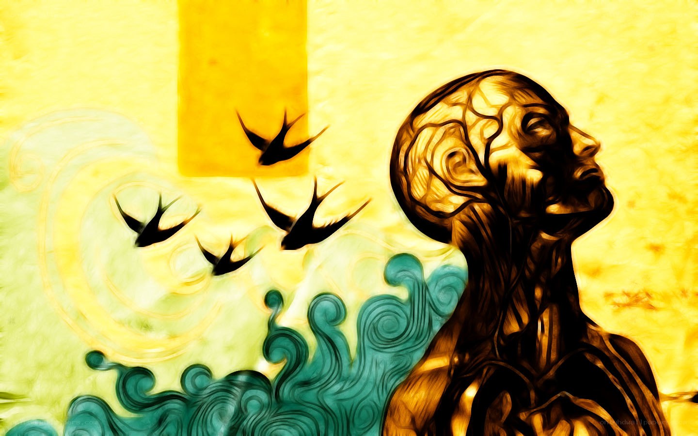 Human figure with birds and waves