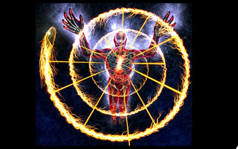 Human Figure with Energy Rings — Yellow