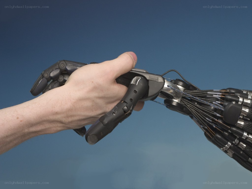 Human hand holding robotic arm