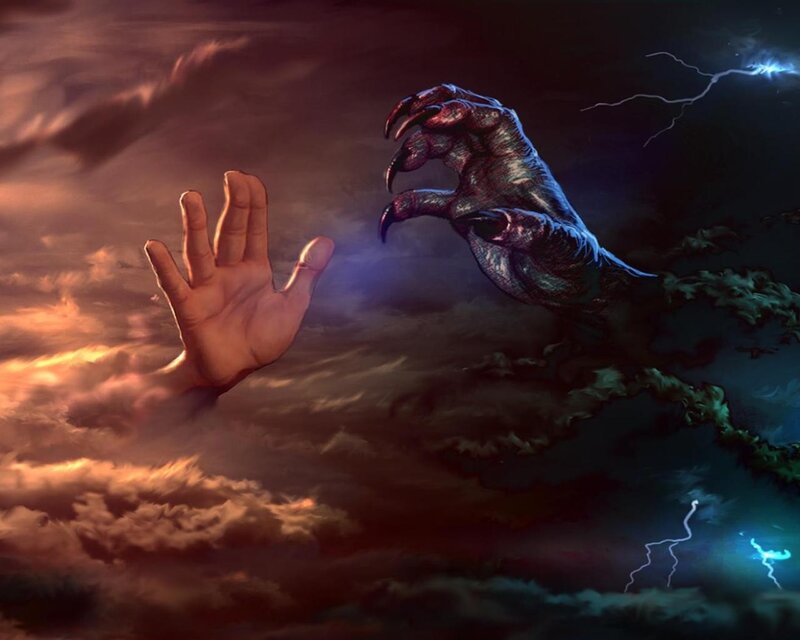 Human hand reaching for monster claw