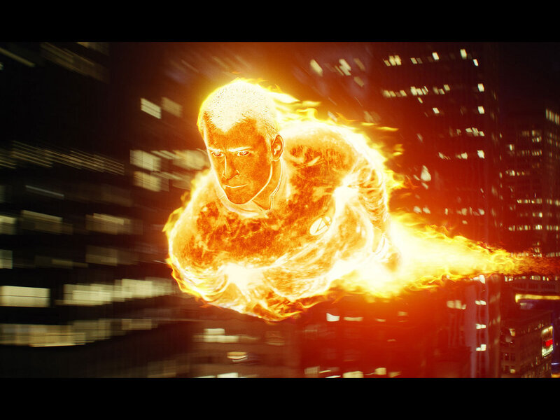 Human Torch flying over city