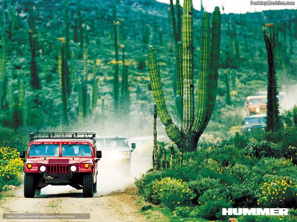 Hummer driving on desert road
