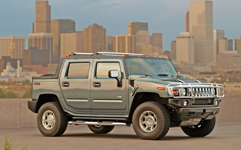 Hummer H2 Pickup Truck — Gray, Dramatic, Sunset, Photograph, City Skyline, Roof Rack