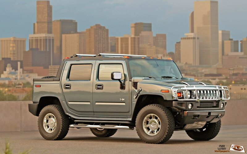Hummer H2 Pickup Truck — Gray, Dramatic, Sunset, Photograph, City Skyline