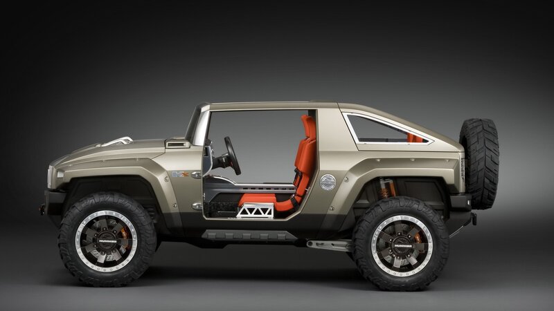 Hummer HX Concept Vehicle — Gray, Dramatic, 3d Render, Orange Seats, Spare Tire, Open Door, Black