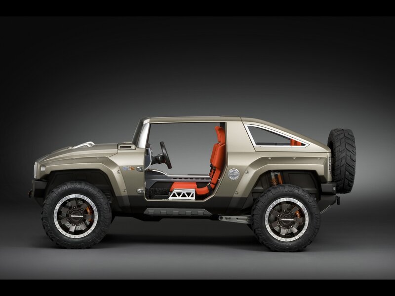 Hummer HX Concept Vehicle — Gray, Dramatic, 3d Render, Orange Seats, Spare Tire, Open Door