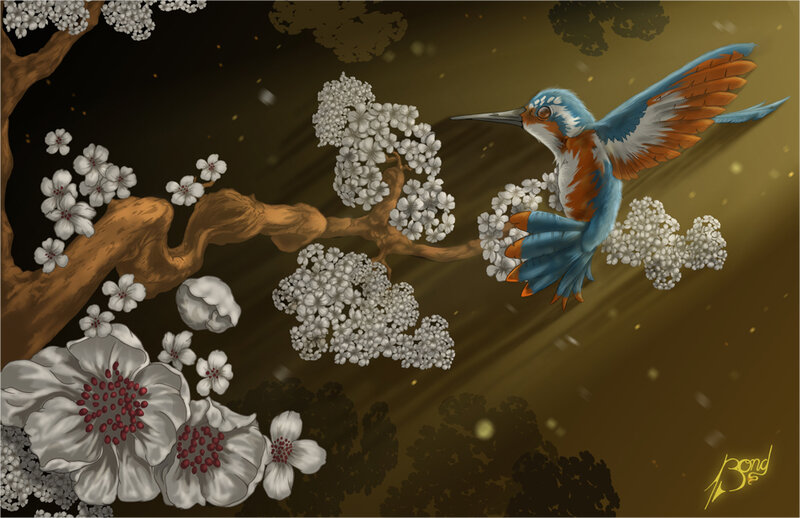 hummingbird among blossoms