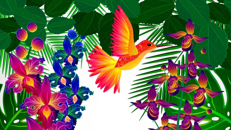 Hummingbird Among Flowers — Green, Vibrant