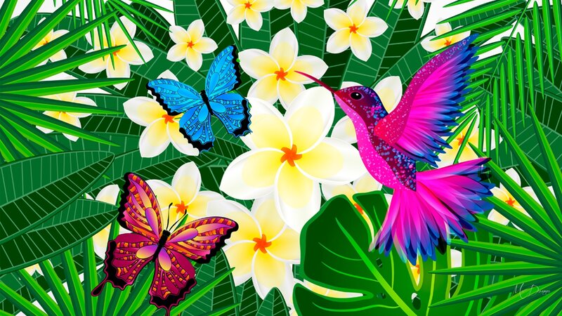 Hummingbird and Butterflies — Green