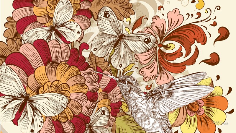 Hummingbird and Butterflies — Red