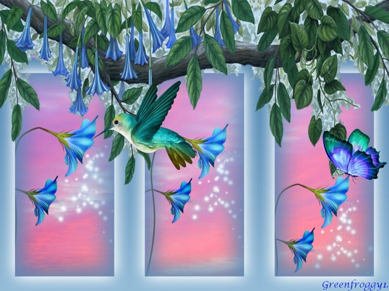 Hummingbird and Butterfly — Blue