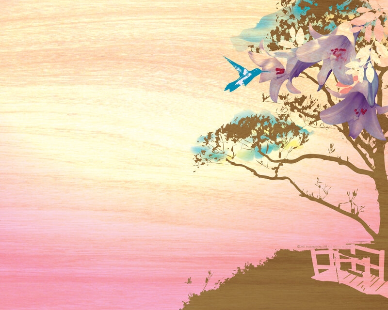 hummingbird and flowers at sunset