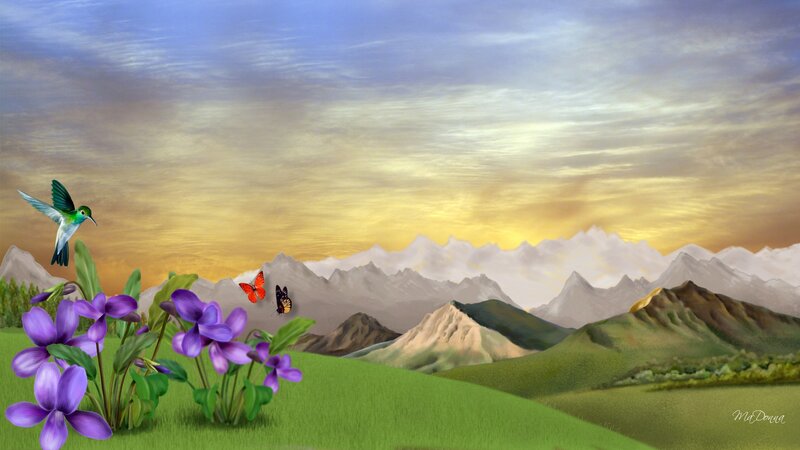 Hummingbird and Flowers — Purple, Serene