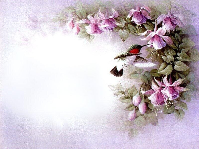 Hummingbird and Flowers — Purple