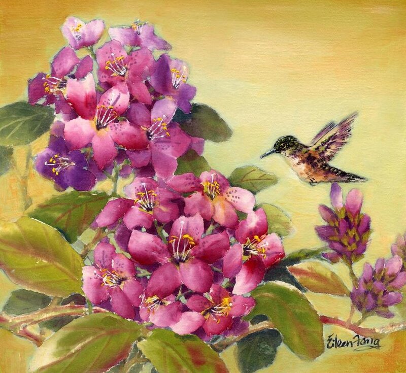 Hummingbird and Purple Flowers — Serene