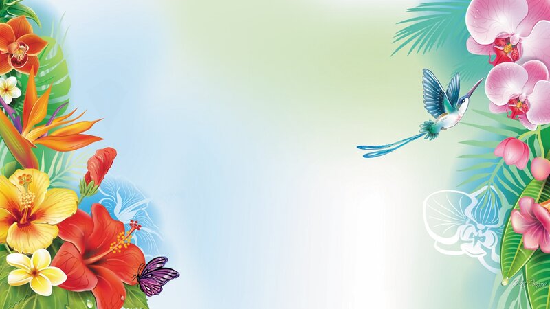Hummingbird and Tropical Flowers