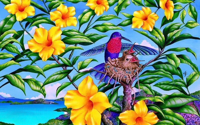 Hummingbird Feeding Chicks — Yellow, Serene
