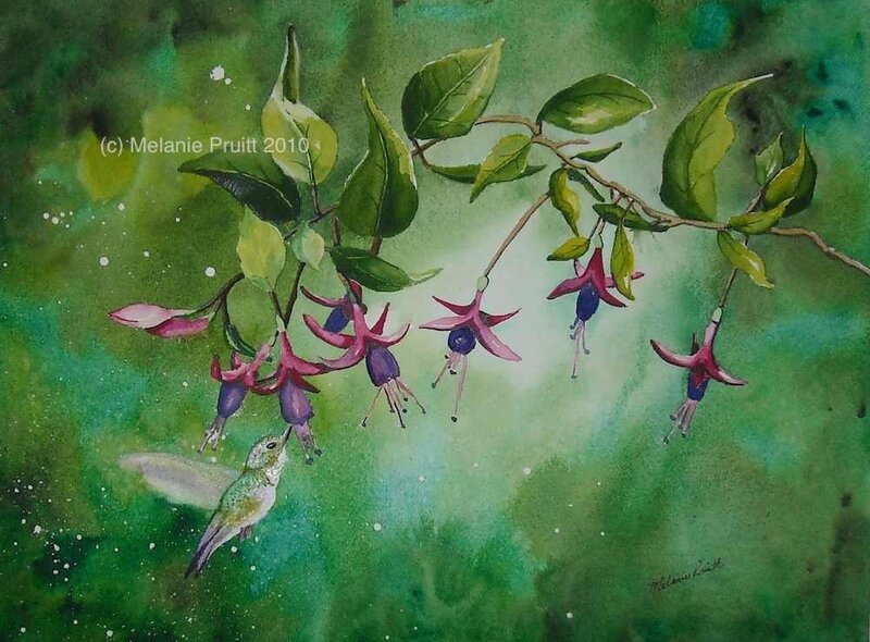 Hummingbird Feeding on Flowers — Green, Serene, Painting
