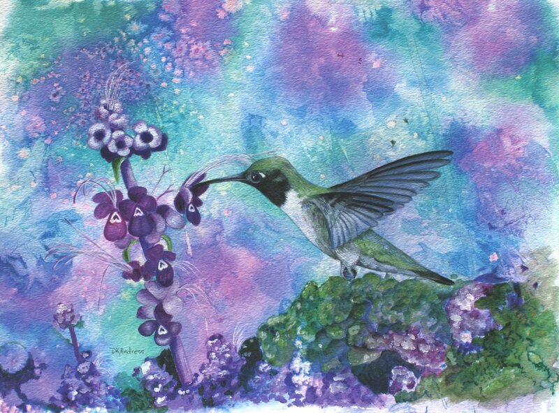 Hummingbird Feeding on Flowers — Purple