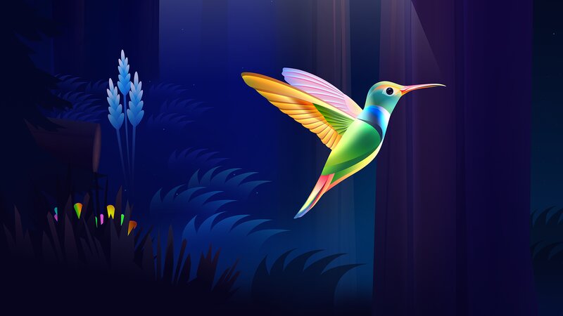 Hummingbird in Flight — Blue, Serene, Night