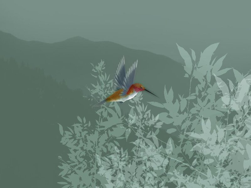 Hummingbird in Flight — Green, Serene, Digital Art, Mountains