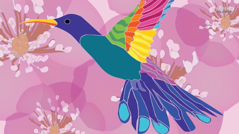 Hummingbird in Flight — Pink, Colorful, Digital Art