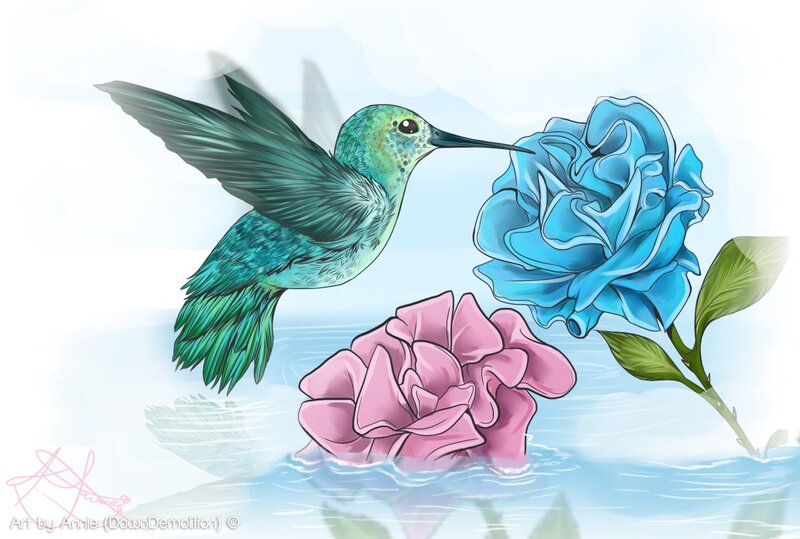 Hummingbird Near Flowers — Blue, Serene