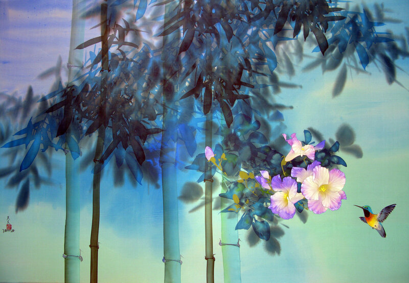 Hummingbird Near Flowers — Blue