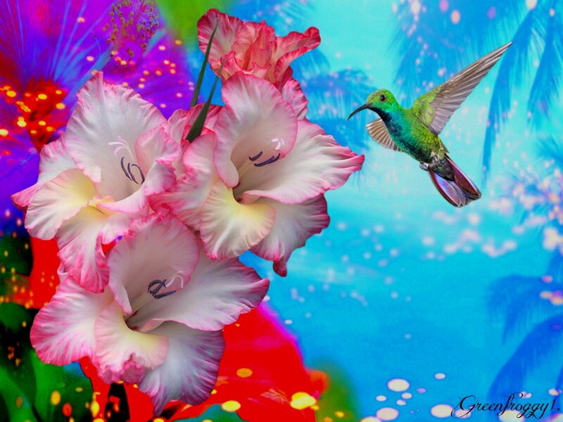 Hummingbird Near Flowers — Blue, Vibrant