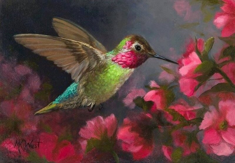 Hummingbird Near Flowers — Green, Serene, Painting