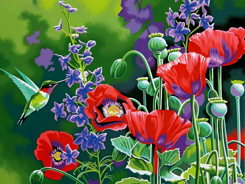 Hummingbird Near Flowers — Red, Vibrant