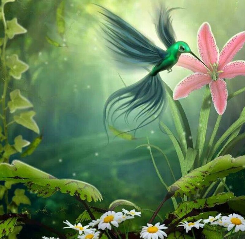 Hummingbird Near Lily — Green, Serene