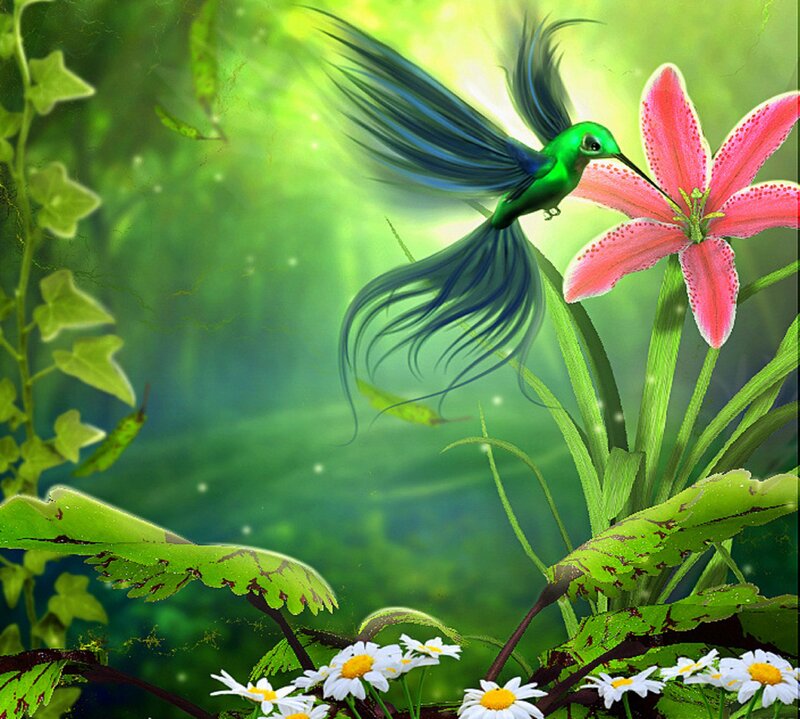 Hummingbird Near Lily — Green