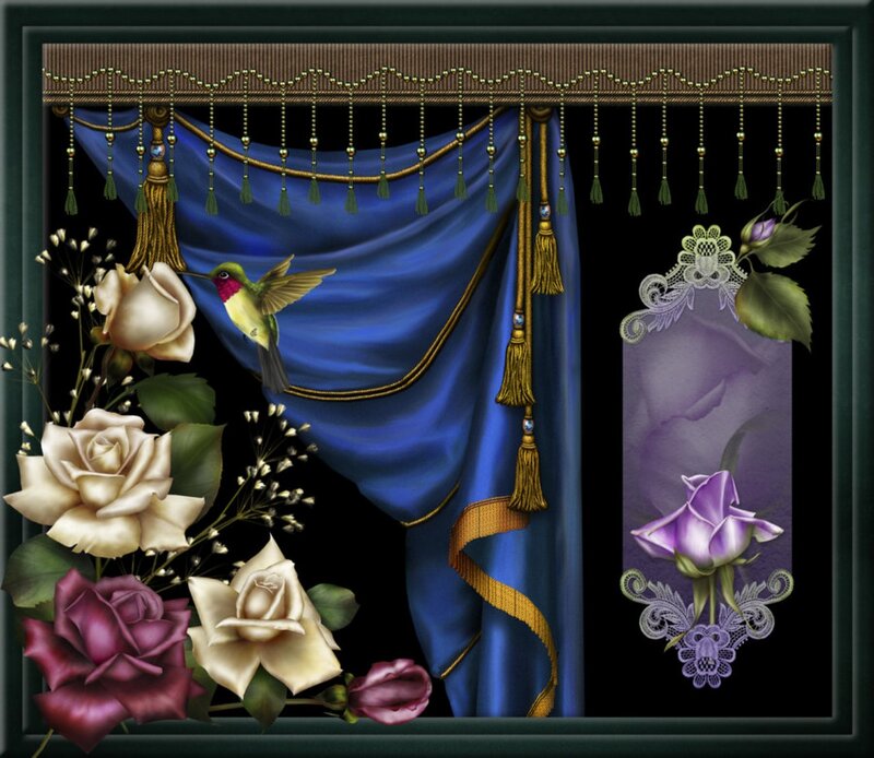 Hummingbird Near Roses — Blue