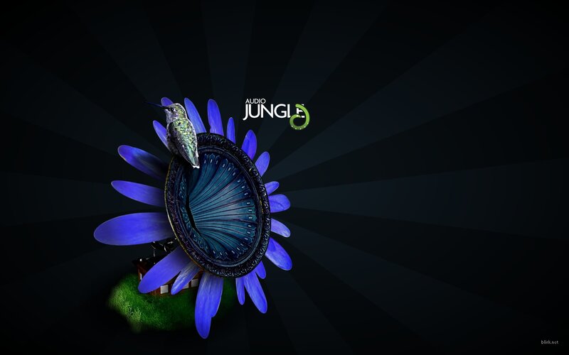 Hummingbird on Flower — Blue, Dramatic, Digital Art
