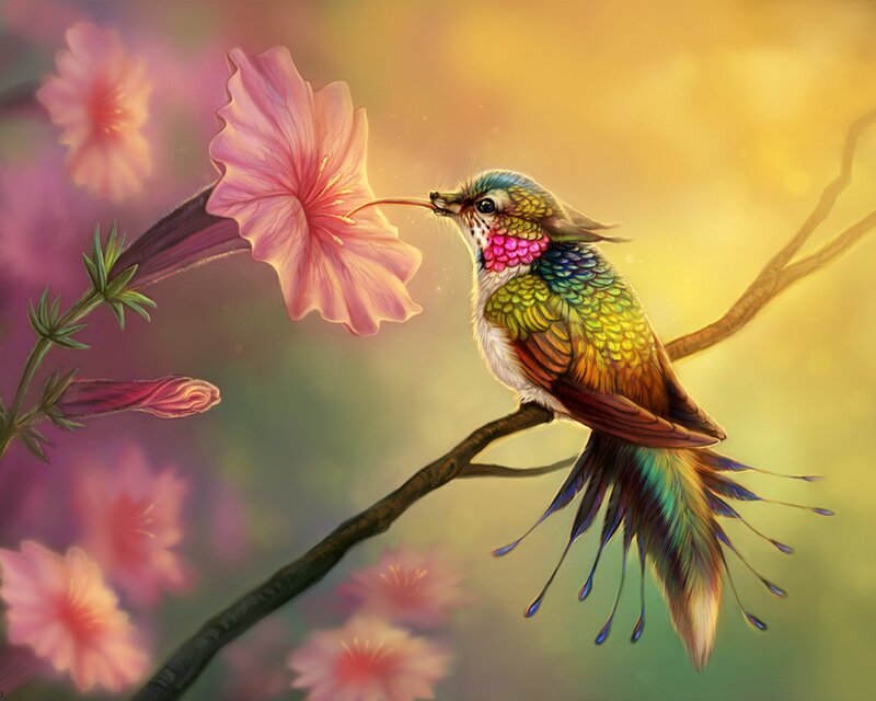 Hummingbird on Flower — Pink, Serene
