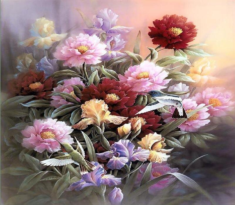 Hummingbirds among peonies and irises