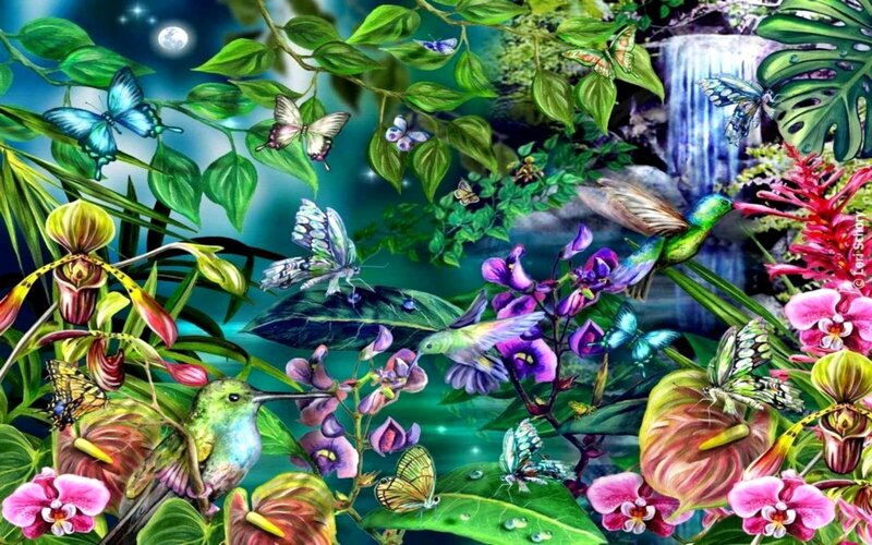 Hummingbirds and Butterflies — Green, Serene