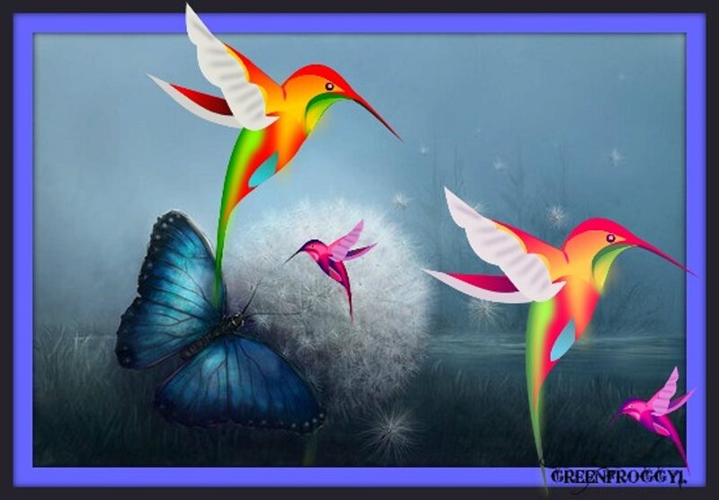 Hummingbirds and Butterfly — Blue