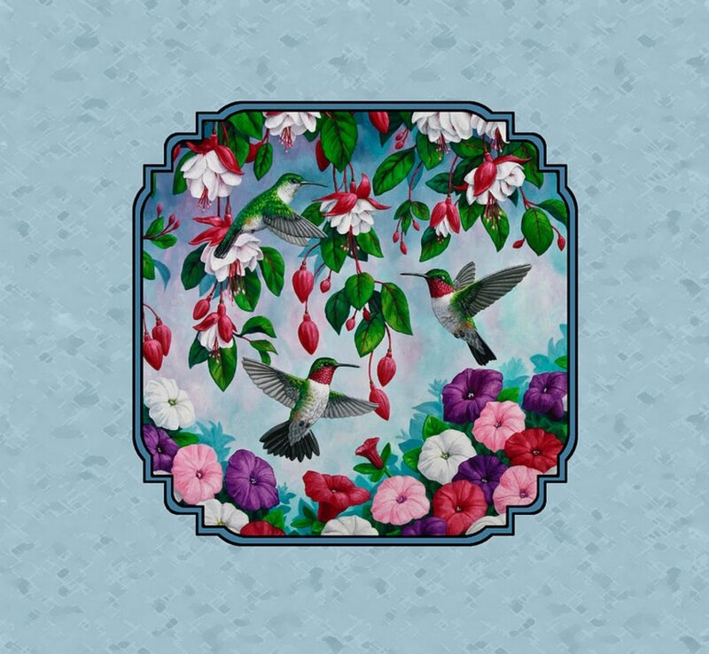 Hummingbirds and Flowers — Blue, Serene, Illustration