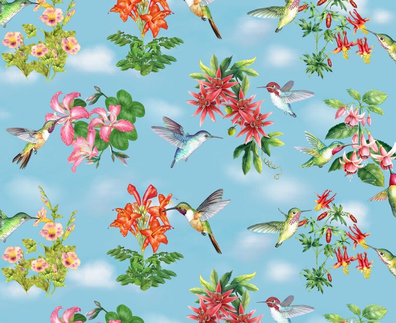 Hummingbirds and Flowers — Blue, Serene