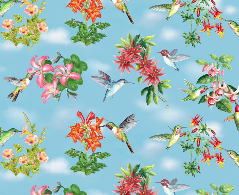 Hummingbirds and Flowers — Blue