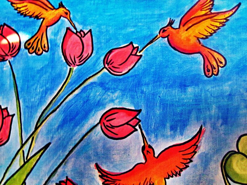 Hummingbirds and Flowers — Blue, Vibrant