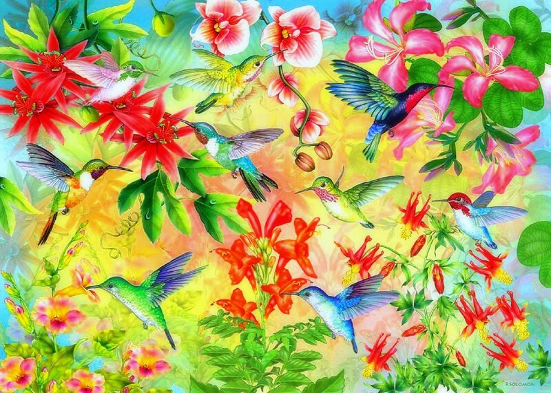 Hummingbirds and Flowers — Green, Vibrant