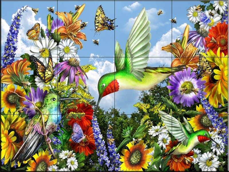 Hummingbirds and flowers in garden