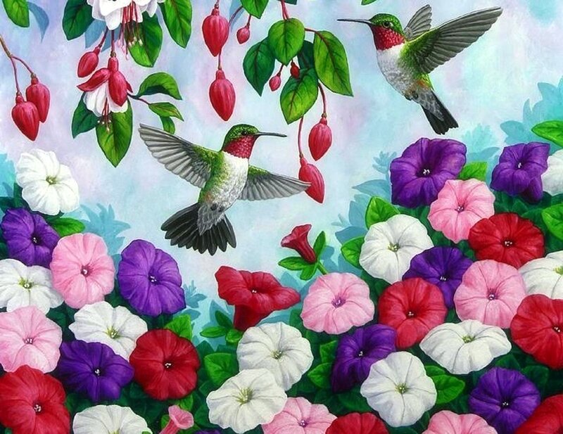 Hummingbirds and Flowers — Purple, Serene, Spring, Painting