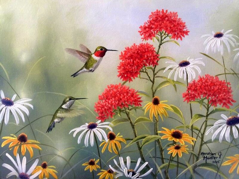 Hummingbirds and Flowers — Red, Serene, Afternoon, Painting