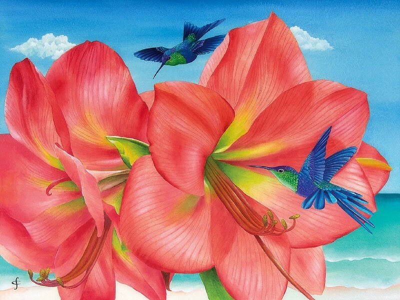 Hummingbirds and Flowers — Red, Serene, Afternoon